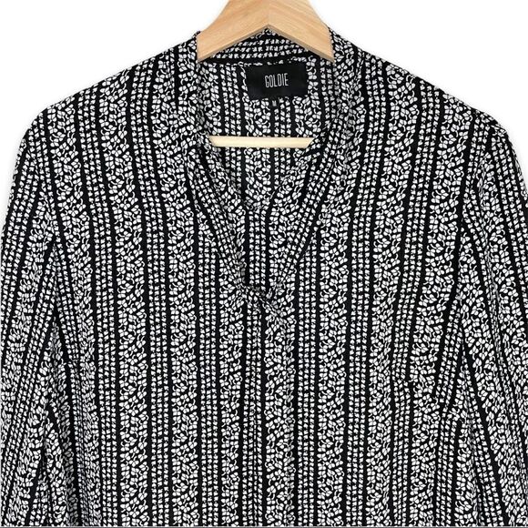 ASOS Goldie Janey Striped Leaf Printed Shift Dress With Bell Sleeves & Neck Tie - Picture 4 of 12